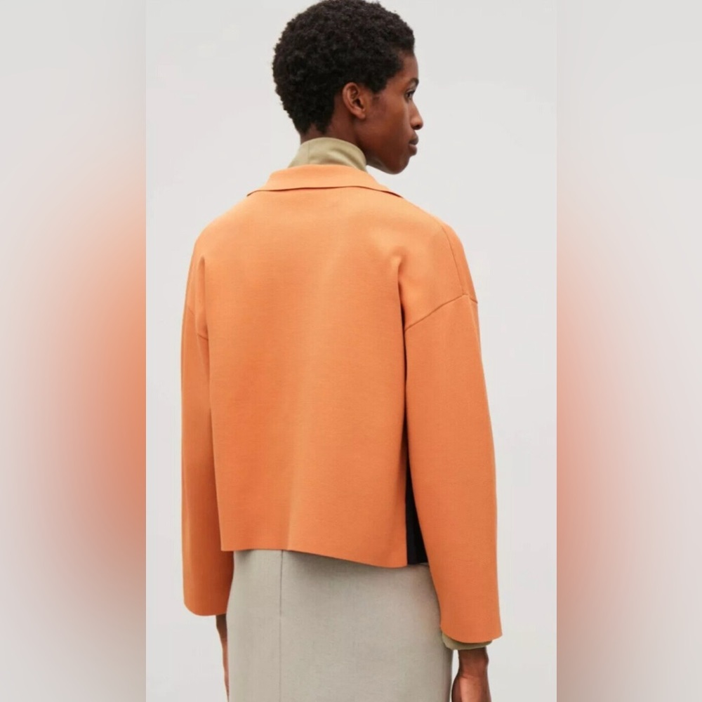 COS Colorblock Huge Pocket Knit Open Front Boxy Jacket Orange Navy Blue Sz S EUC - Picture 2 of 10